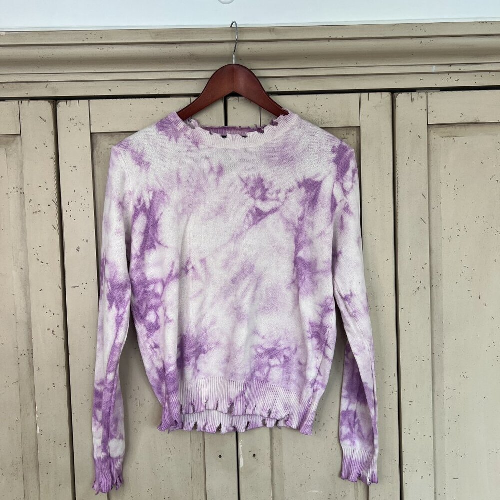 Decker Hand Dyed Lavender Distressed Cotton Sweater, Size Small